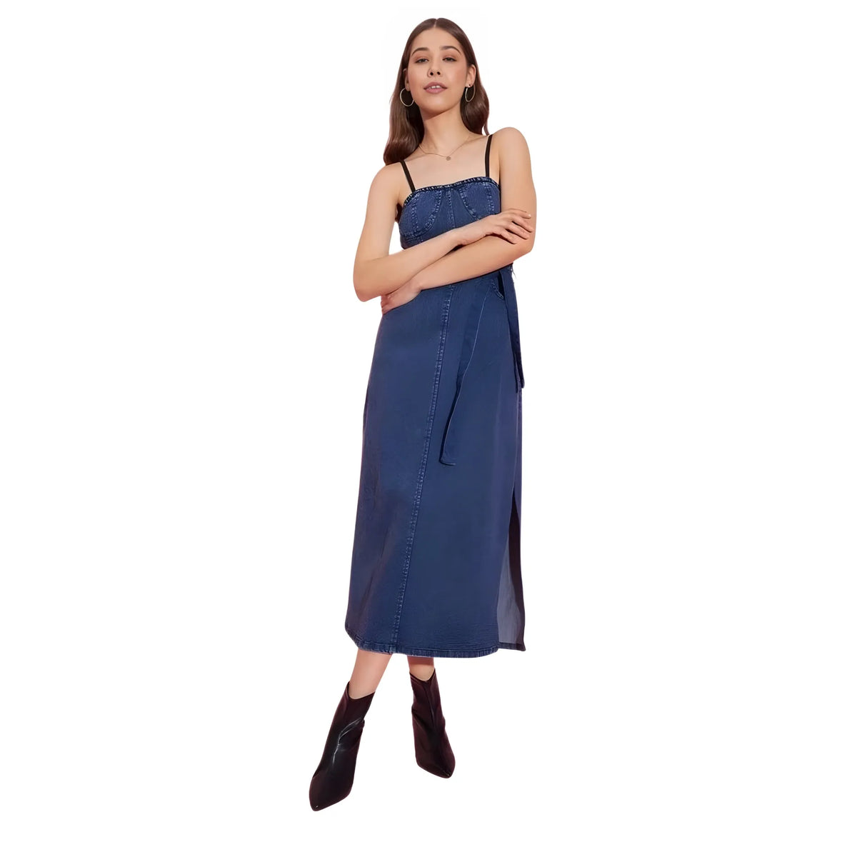Women's Denim Solid Shoulder Straps Dress (blue) | Women Signature Collection