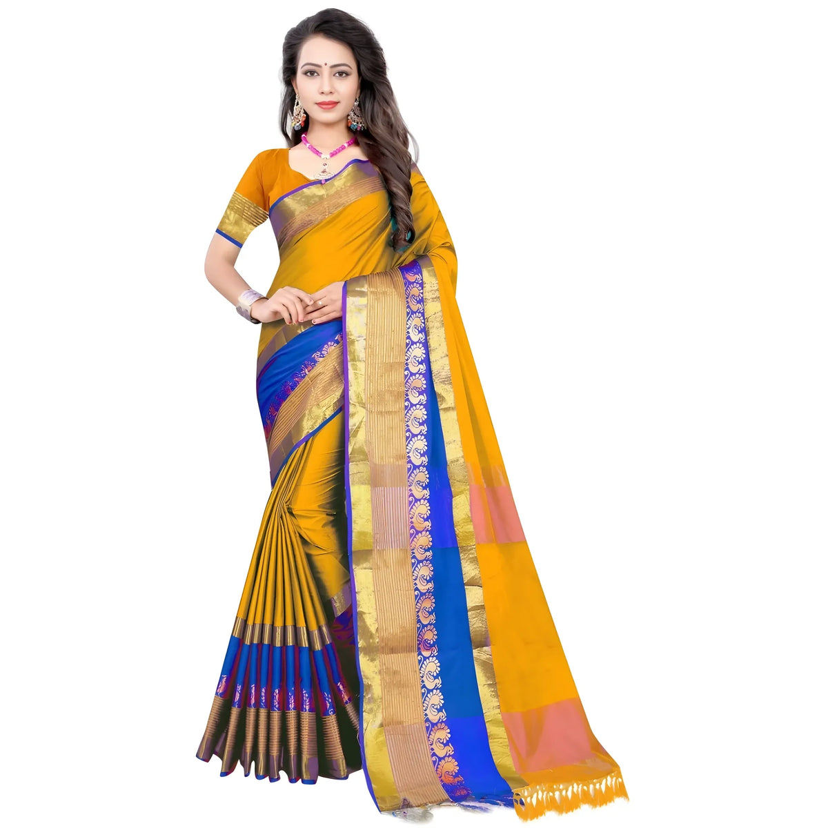 Women's Jacquard Woven Saree With Unstitched Blouse 5.5mtr (yellow) | Women Signature Collection