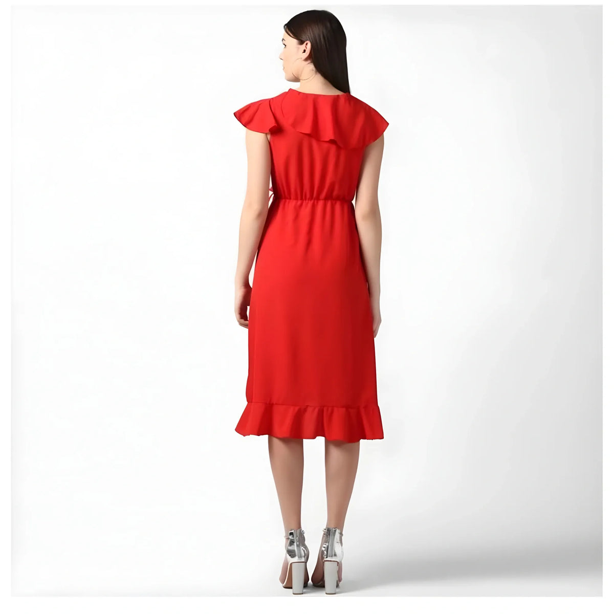Women's Polyester Ruffled Cap Sleeve Knee Length Dress (red) | Women Signature Collection