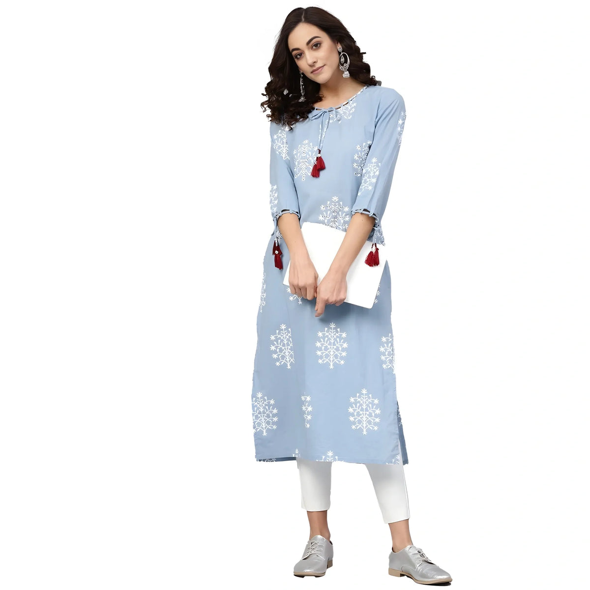 Women's Casual 3/4 Th Sleeve Embroidery Cambric Cotton Kurti (blue) | Women Signature Collection