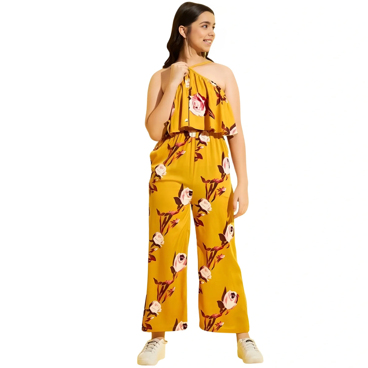 Girl's Polyester Crepe Floral Sleeveless Jumpsuit (mustard) | Kids Signature Collection
