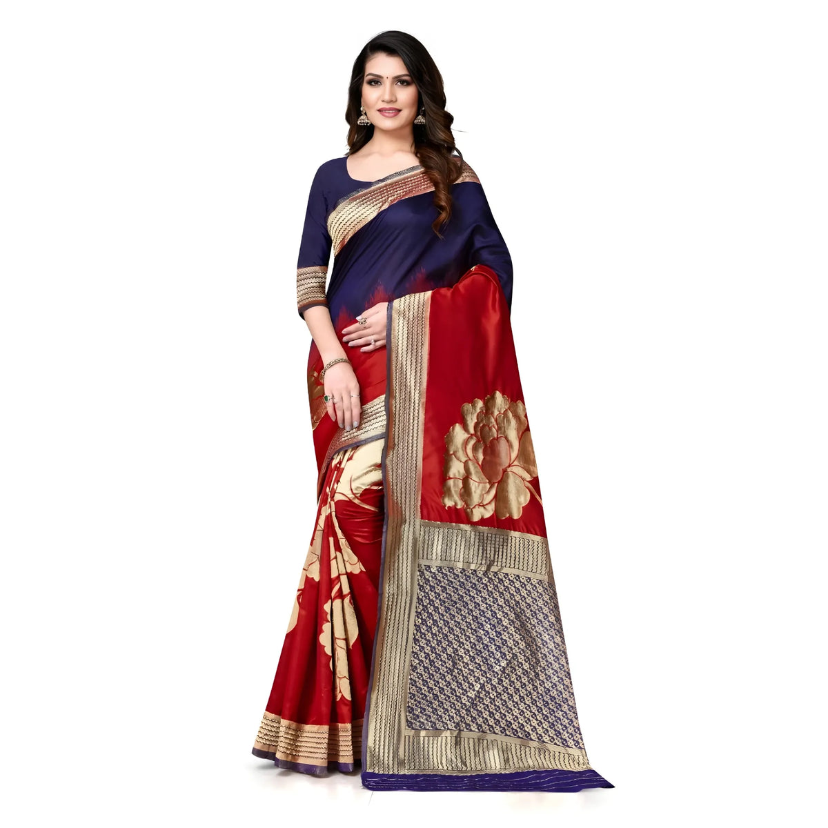 Women's Banarasi Silk Saree With Blouse (navy Blue, Red, 5 6mtrs) | Women Signature Collection