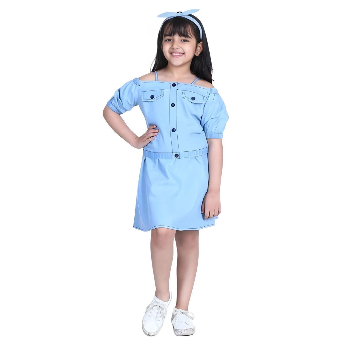 Girl's Denim Solid Cold Shoulder Top And Skirt Set (light Blue) | Kids Signature Collection