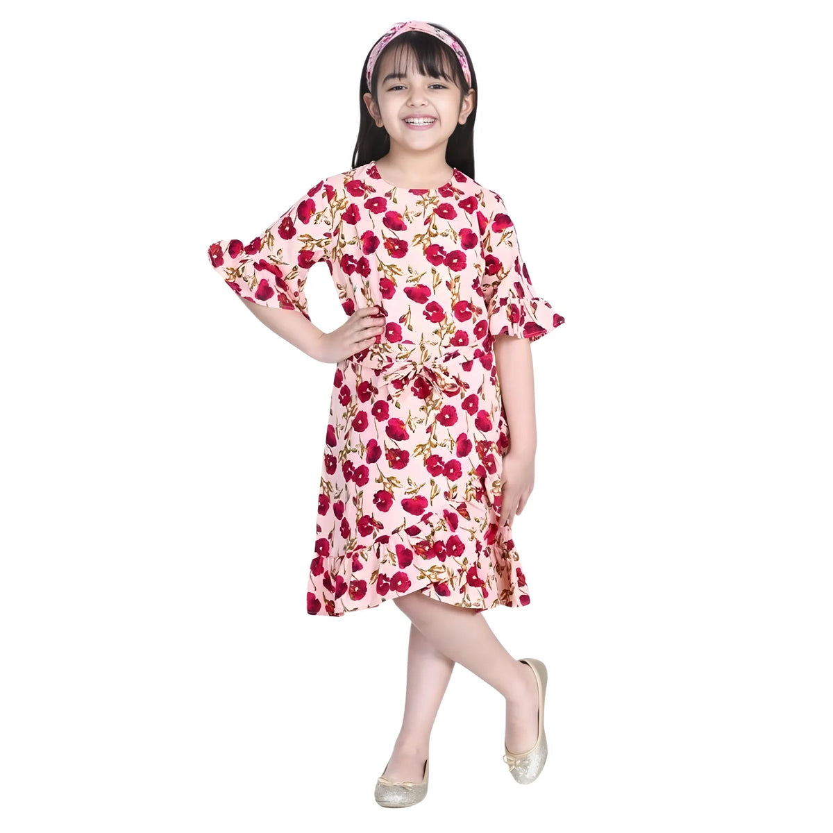 Girl's Polyester Crepe Floral Bell Sleeve Dress (red Pink) | Kids Signature Collection