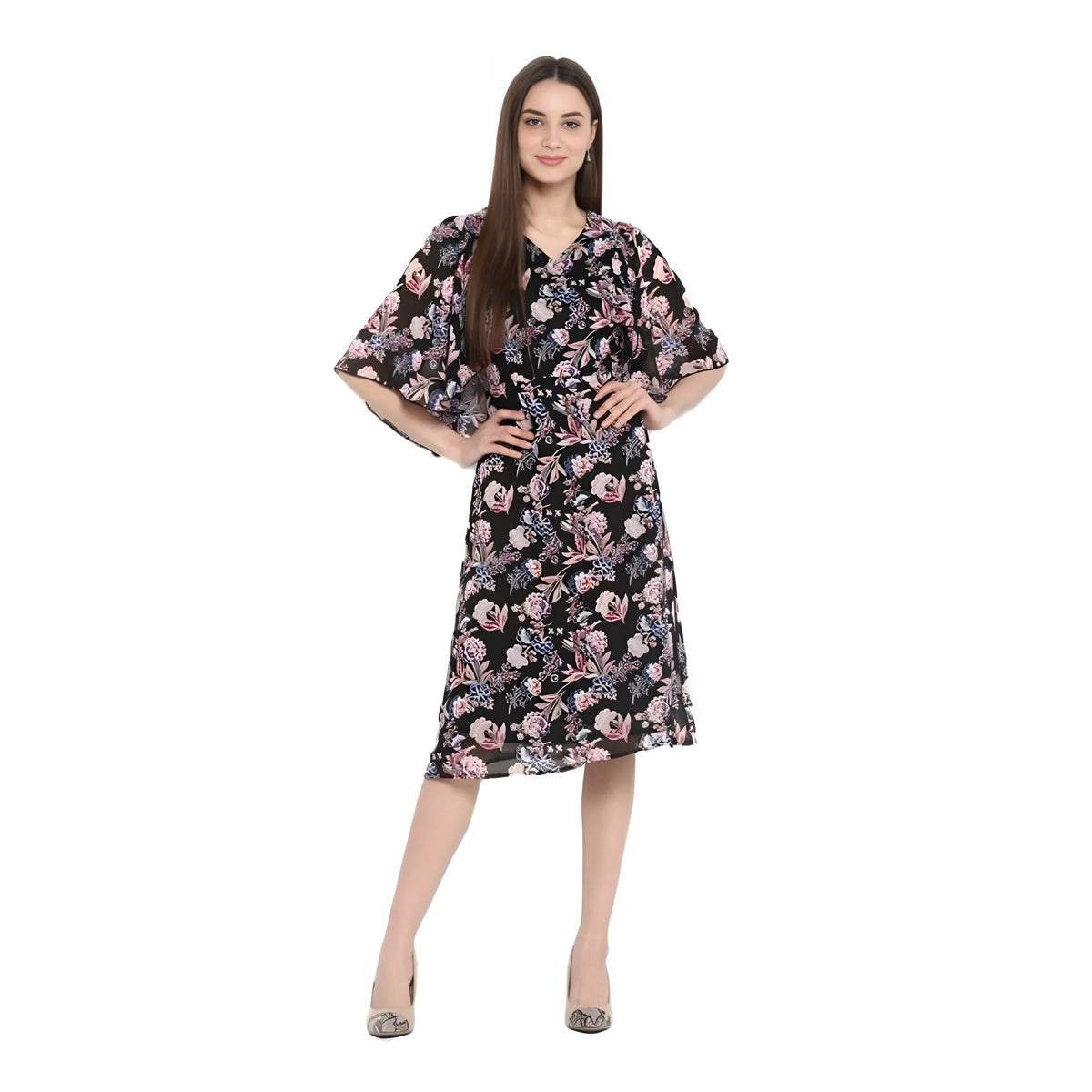 Women's Polyester Floral Short Sleeve Knee Length Dress (black Multicolor) | Women Signature Collection