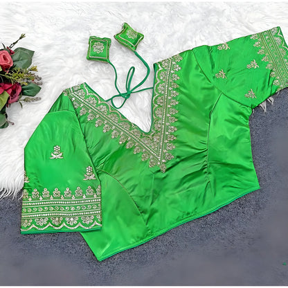 Jade Women's Satin Embroidered Half sleeve V-Neck Padded Readymade Blouse