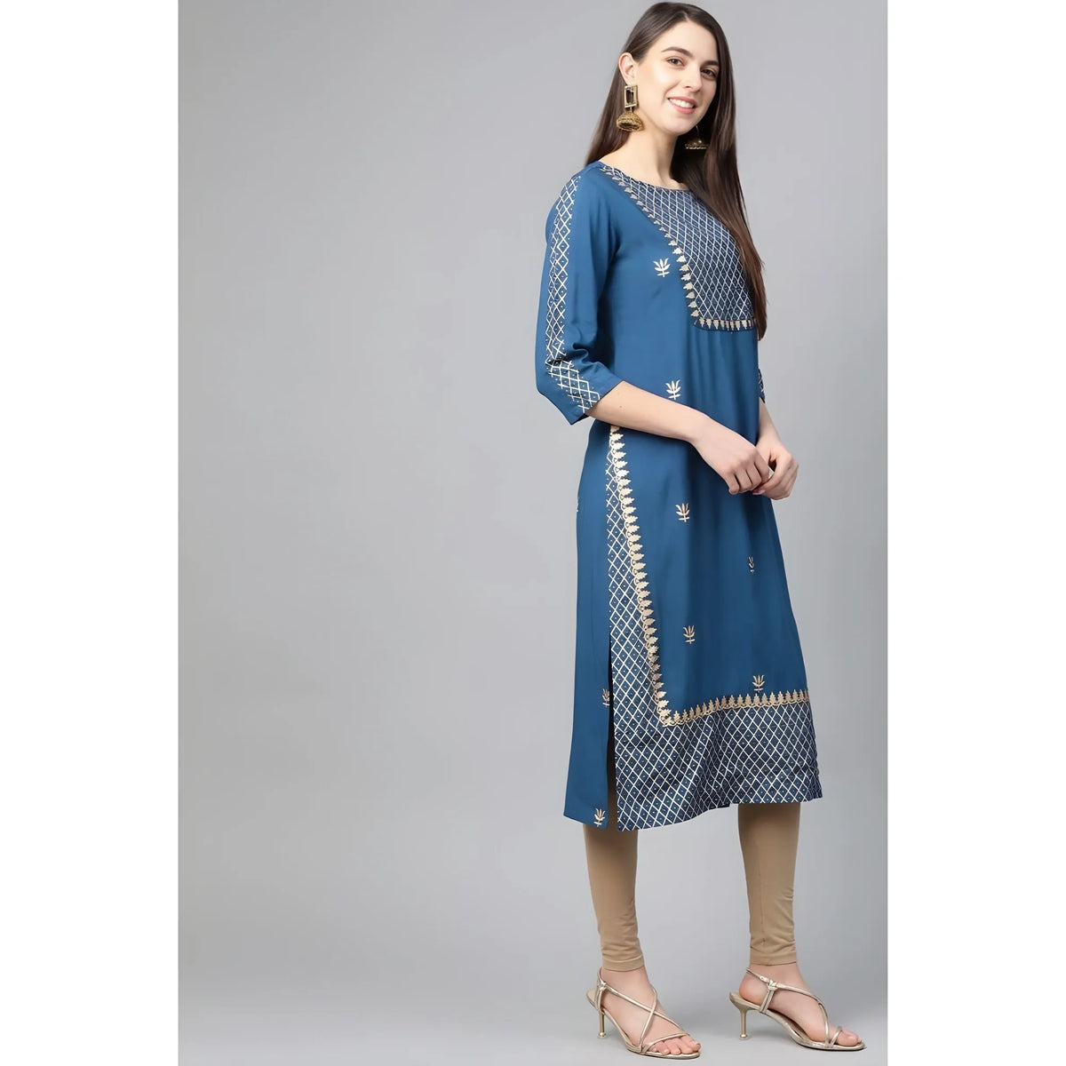 Women's Casual 3/4 Th Sleeve Floral Printed Rayon Kurti (blue) | Women Signature Collection