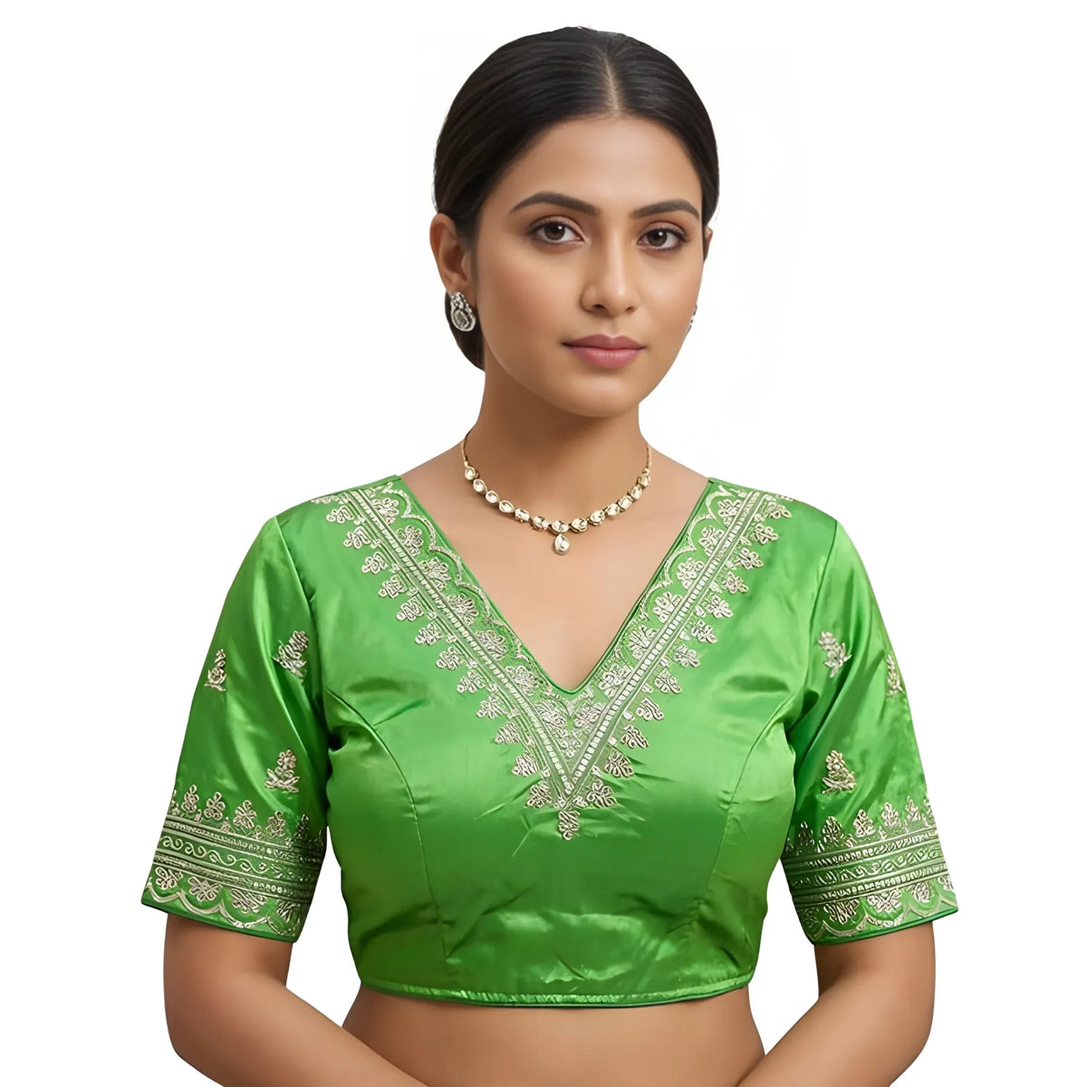 Jade Women's Satin Embroidered Half sleeve V-Neck Padded Readymade Blouse
