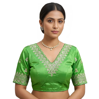 Jade Women's Satin Embroidered Half sleeve V-Neck Padded Readymade Blouse
