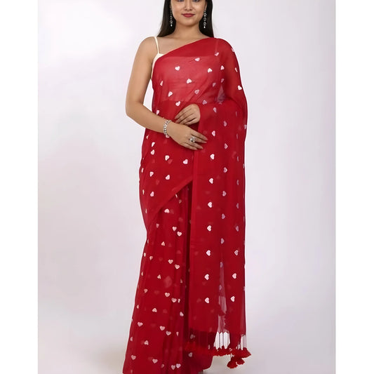 Women's Linen Printed Saree With Unstitched Blouse 5.5Mtr (Red)
