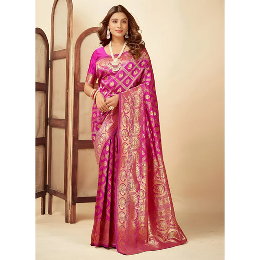 Women's Jacquard Printed Saree With Unstitched Blouse 5.5Mtr (Pink)