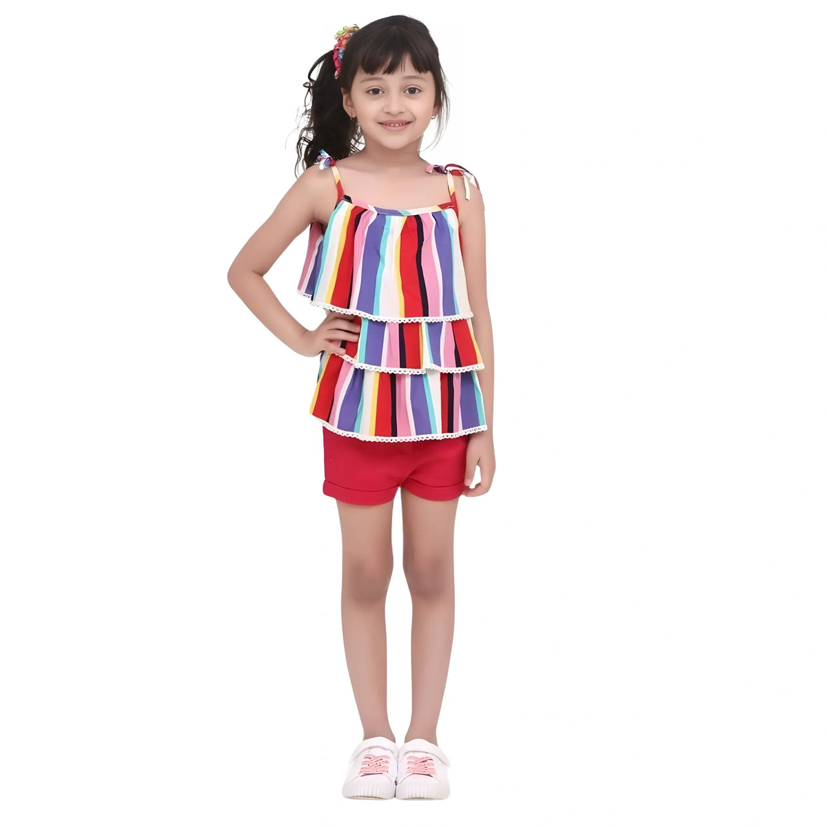 Girl's Polyester Crepe Striped Tie Ups Shorts Set (multicolor) | Kids Signature Collection