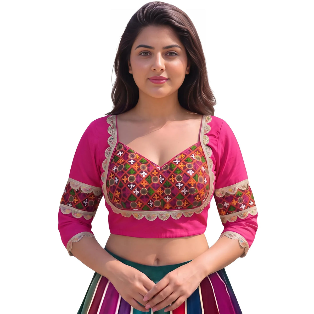 Rose Women's Cotton Blend Embroidered 3/4 Sleeve V-Neck Padded Readymade Blouse