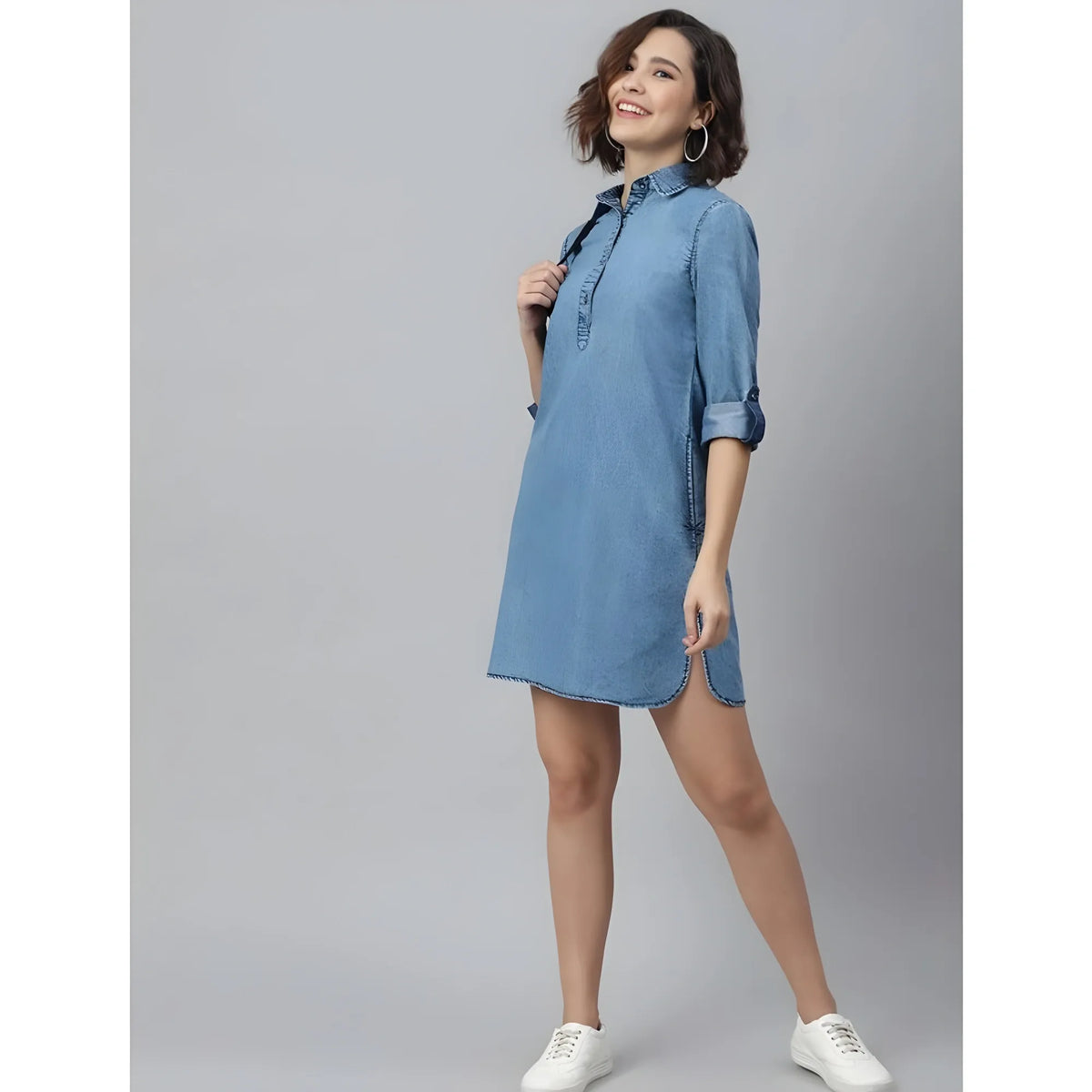 Women's Denim Solid Long Sleeves Above Knee Dress (ice Blue) | Women Signature Collection