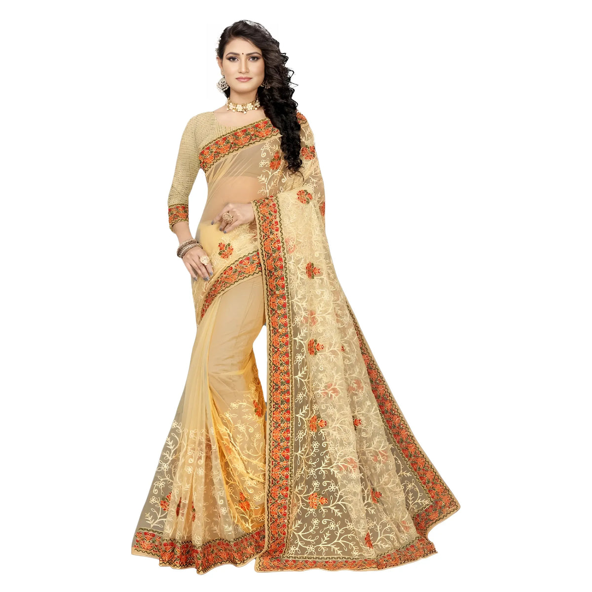 Women's Net Saree With Blouse (chiku, 5 6mtrs) | Women Signature Collection