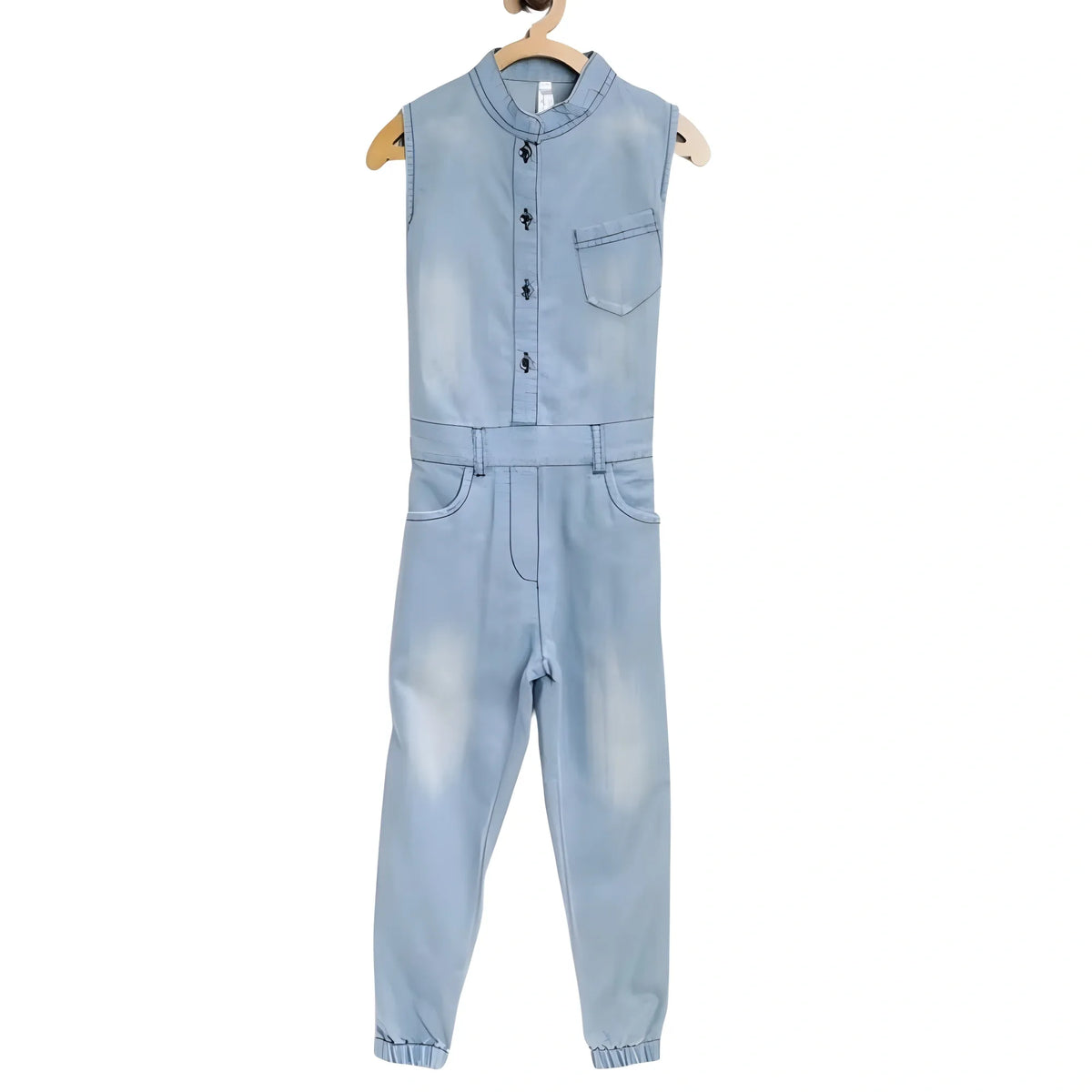 Girl's Denim Embellished Sleeveless Jumpsuit (blue) | Kids Signature Collection