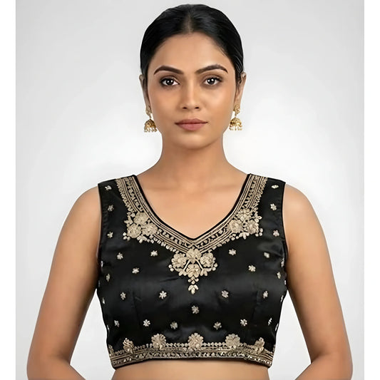 Oriana Silk Embroidered V-Neck Sleeveless Readymade Padded Blouse