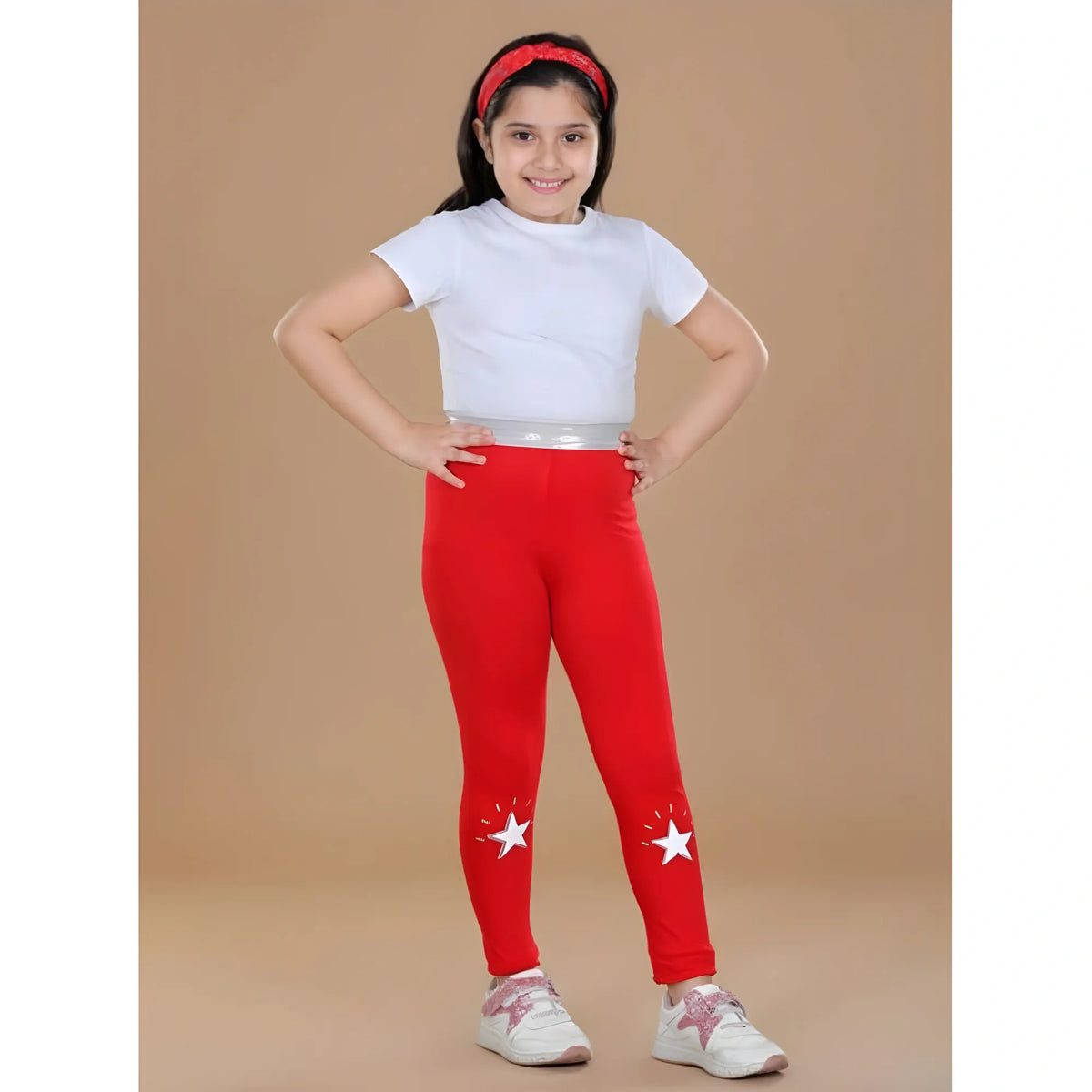Girl's Cotton Lycra Star Print Elasticated Leggings (Red)