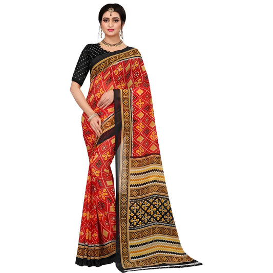 Women's Georgette Floral Print Saree With Unstitched Blouse 5.5Mtr (Red)