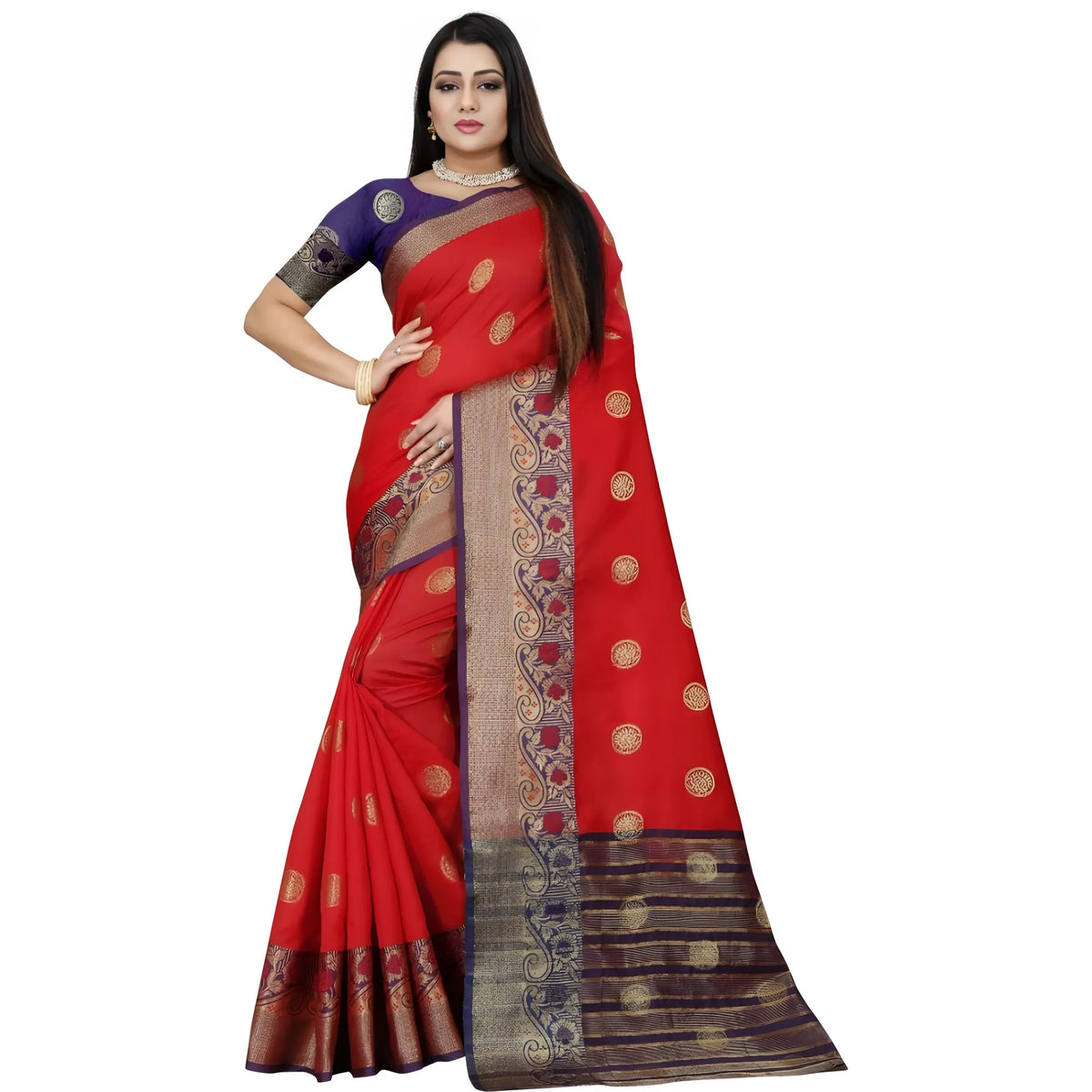 Women's Silk Blend Woven Saree With Unstitched Blouse 5.5mtr (red Blue) | Women Signature Collection