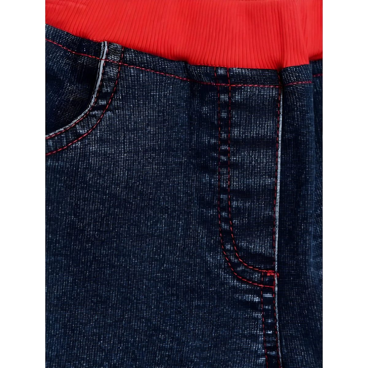 Girl's Denim Lace Inserts Sleeveless Shorts (Blue-Red)