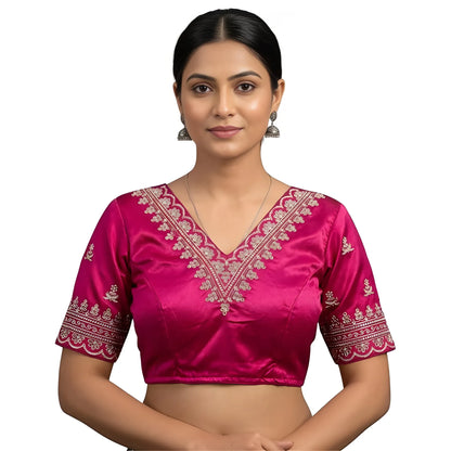 Rose Women's Satin Embroidered Half sleeve V-Neck Padded Readymade Blouse