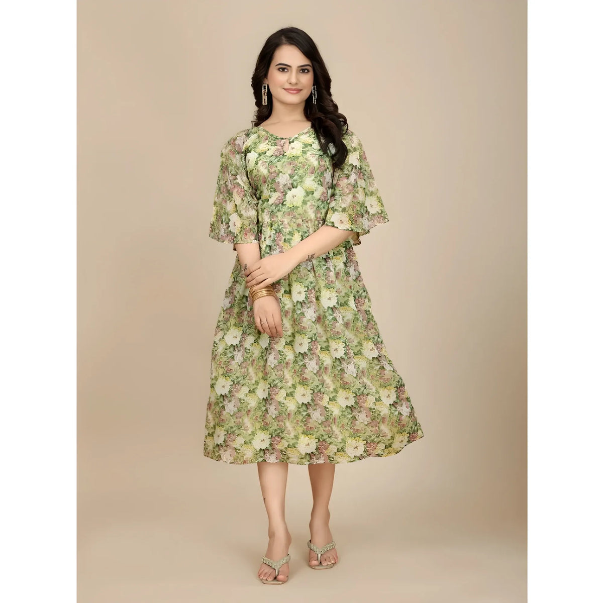 Women's Georgette Printed Round Neck Short Sleeve Dress (green) | Women Signature Collection