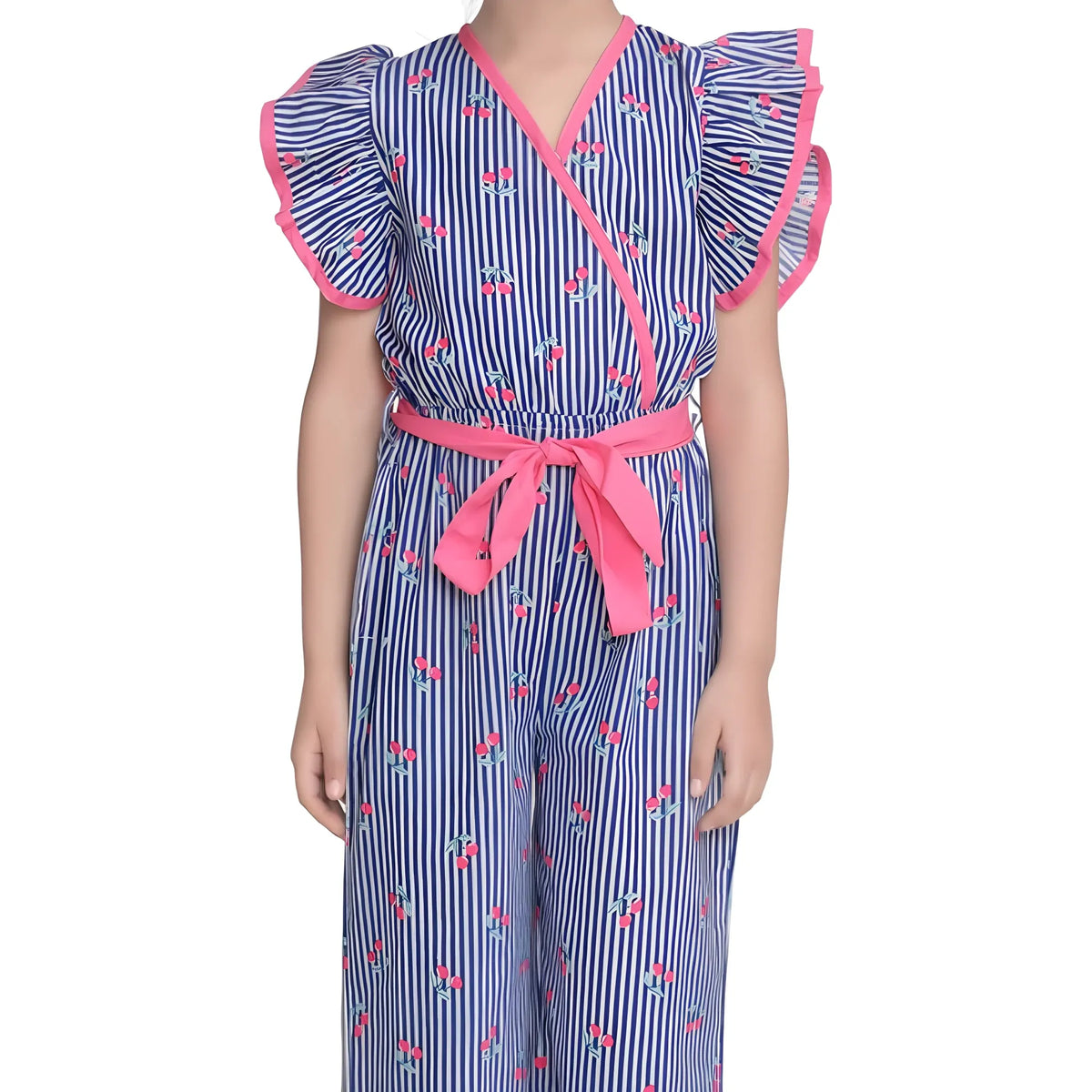 Girl's Cotton Striped Flutter Jumpsuit (blue Pink) | Kids Signature Collection