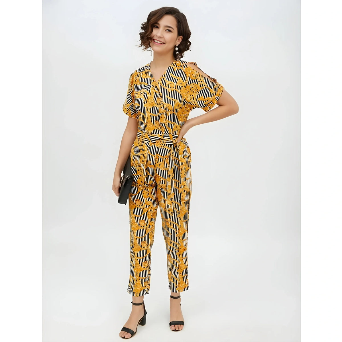 Women's Polyester Printed Half Sleeve Long Jumpsuit (yellow) | Women Signature Collection