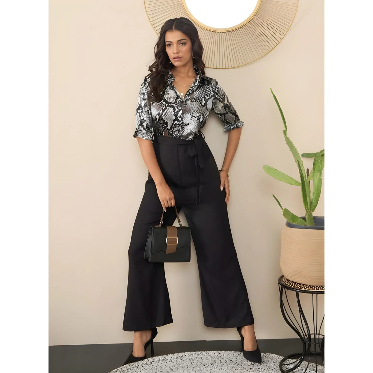 Women's Satin And Polyester Floral Half Sleeves Jumpsuit (grey Black) | Women Signature Collection