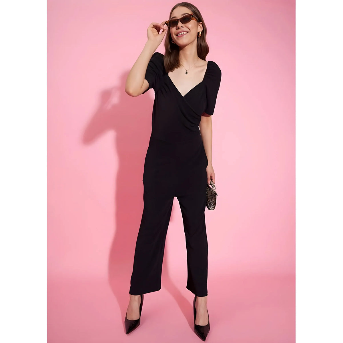 Women's Polyester Lycra Solid Puff Sleeve Jumpsuit (black) | Women Signature Collection
