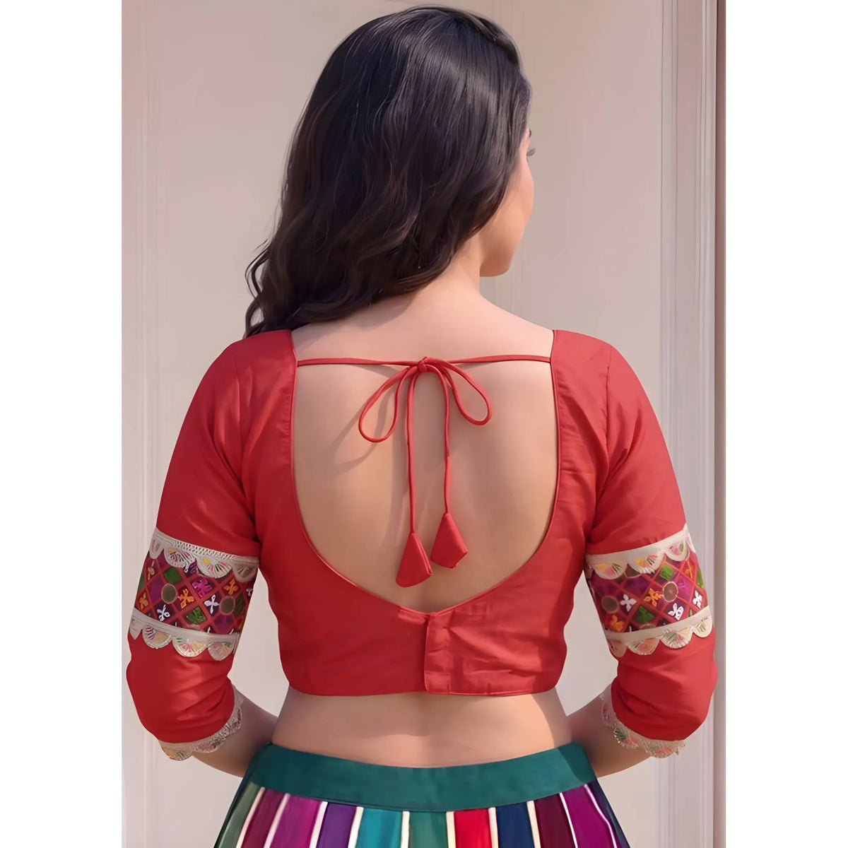 Ruby Women's Cotton Blend Embroidered 3/4 Sleeve V-Neck Padded Readymade Blouse