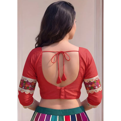 Ruby Women's Cotton Blend Embroidered 3/4 Sleeve V-Neck Padded Readymade Blouse