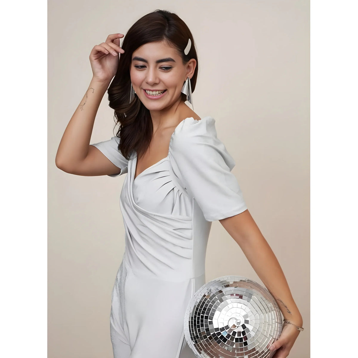 Women's Polyester Shimmer Self Design Short Sleeve Jumpsuit (silver) | Women Signature Collection