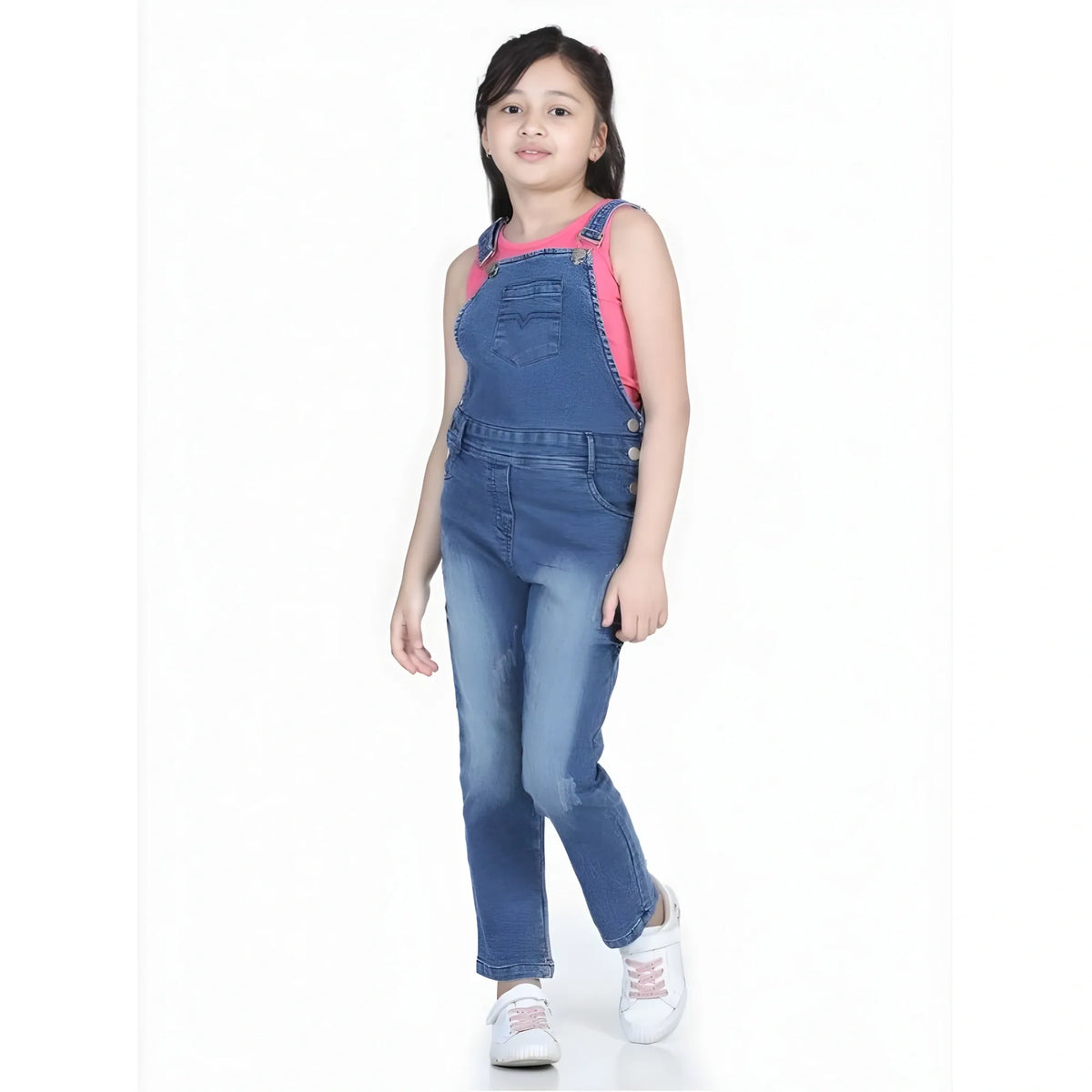 Girl's Denim Washed Buttoned Dungaree (blue) | Kids Signature Collection