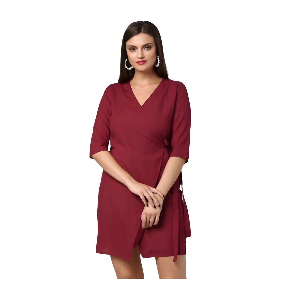 Women's Cotton Solid 3 4th Sleeves Above Knee Dress (maroon) | Women Signature Collection