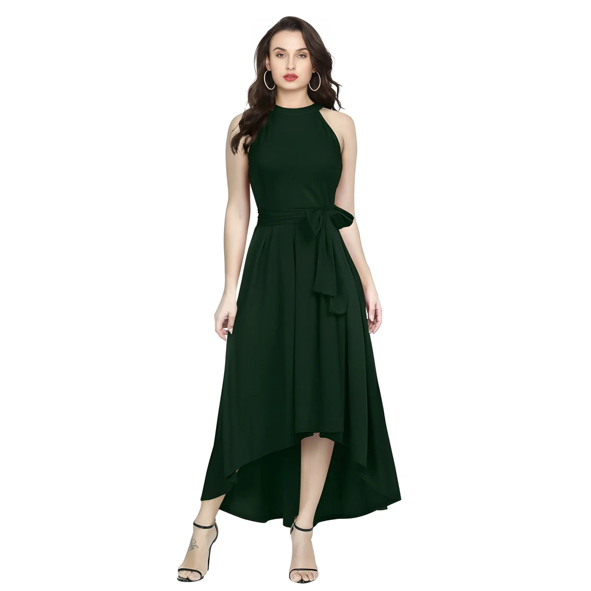 Women's Polyster Solid Halter Neck Sleeveless Dress (green) | Women Signature Collection