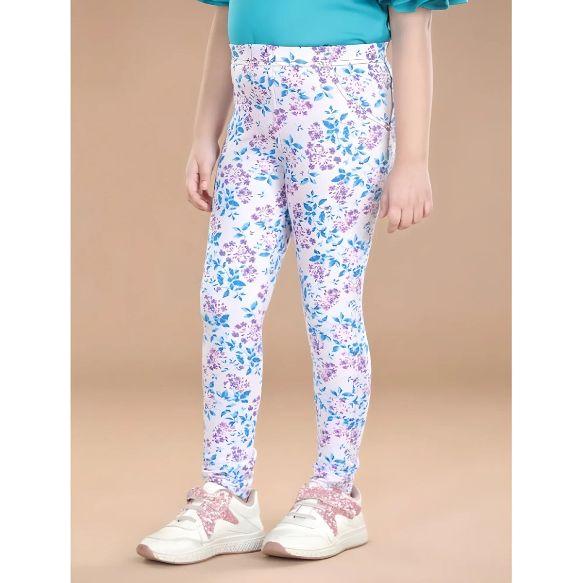 Girl's Cotton Lycra Floral Elasticated Jeggings (White-Turquoise Blue)