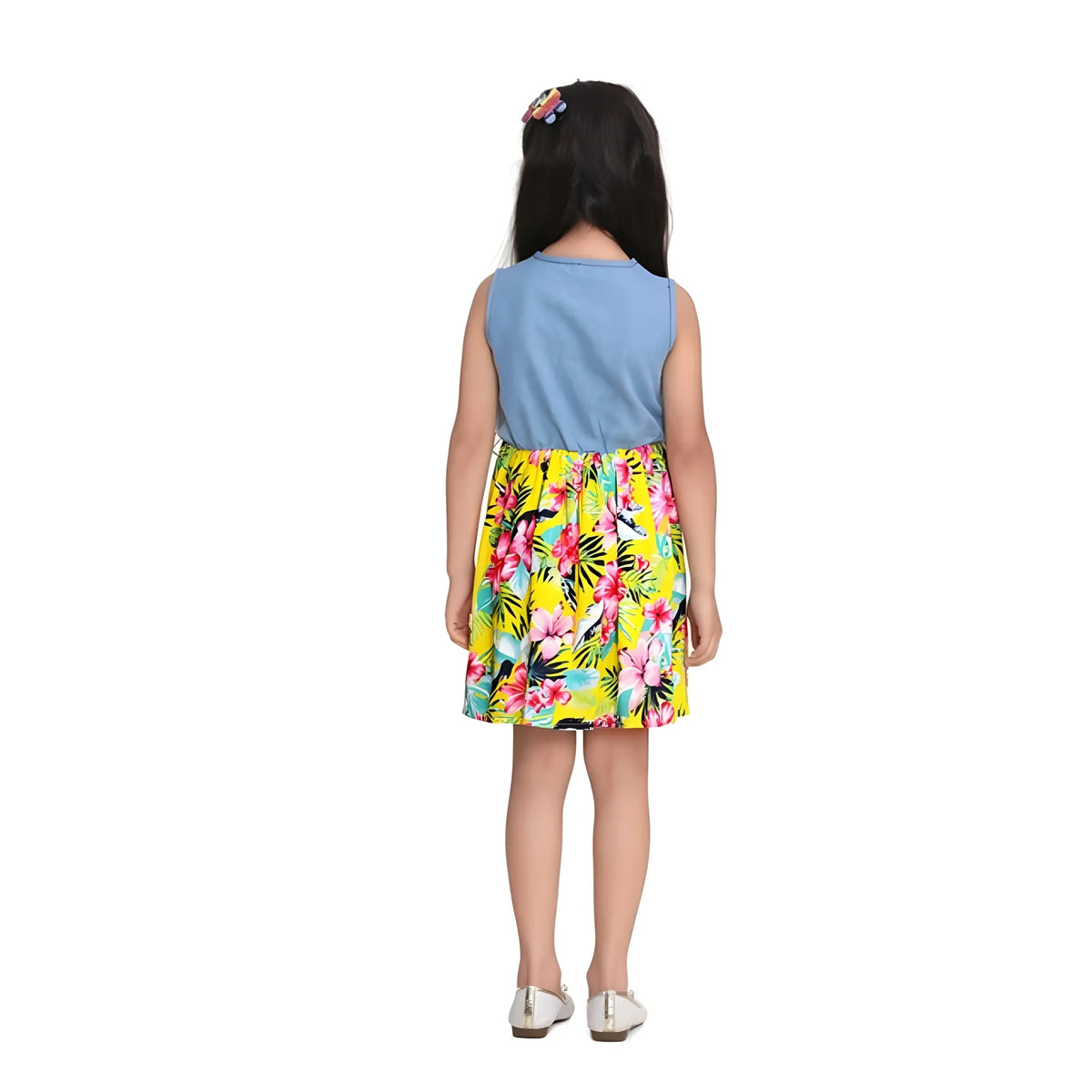 Girl's Denim Floral Sleeveless Dress (blue Yellow) | Kids Signature Collection