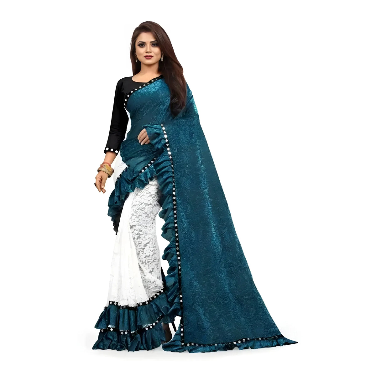 Women's Silk With Mirror Lace Solid Saree With Unstitched Blouse (rama, 5 5 Mtrs) | Women Signature Collection