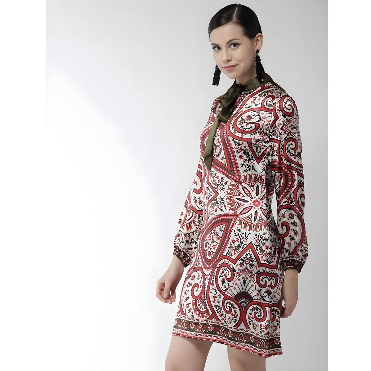 Women's Polyester Printed Long Sleeves Above Knee Dress (red) | Women Signature Collection