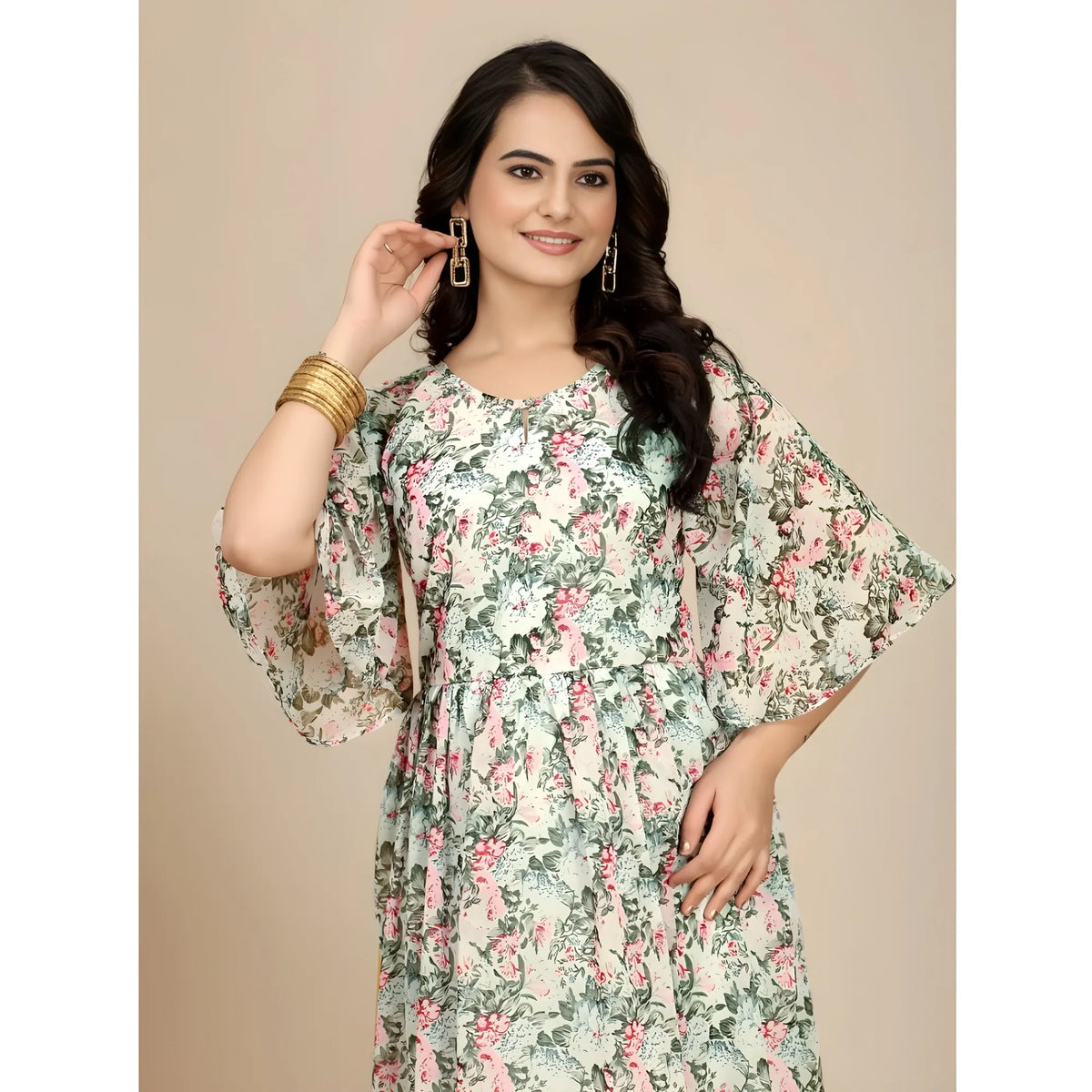 Women's Georgette Printed Round Neck Short Sleeve Dress (pink) | Women Signature Collection