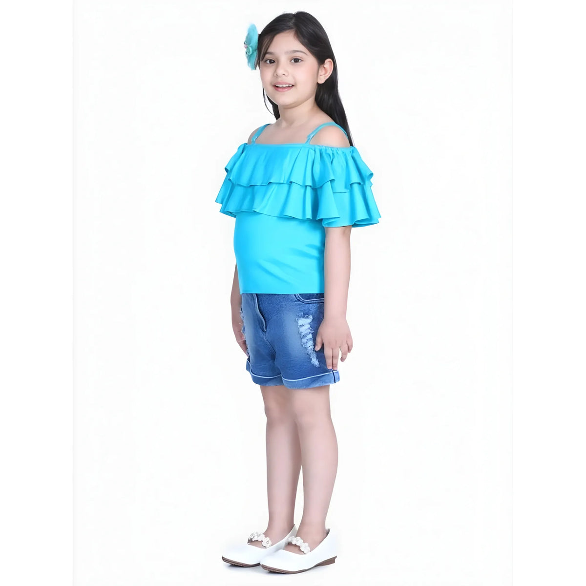 Girl's Rayon Solid Cold Shoulder Top With Shorts (blue) | Kids Signature Collection