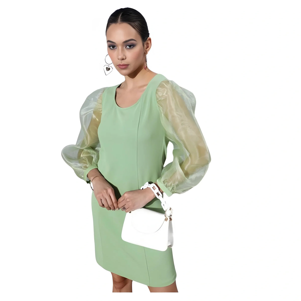 Women's Organza And Polyester Lycra Solid Long Sleeves Dress (green) | Women Signature Collection