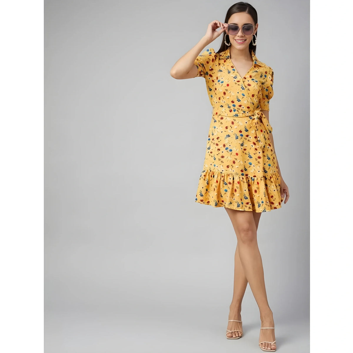 Women's Polyester Floral Short Sleeve Above Knee Dress (yellow) | Women Signature Collection