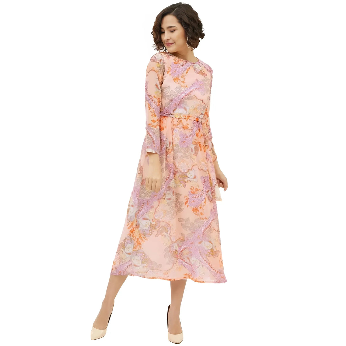 Women's Polyester Printed Long Sleeves Calf Length Dress (multicolor) | Women Signature Collection