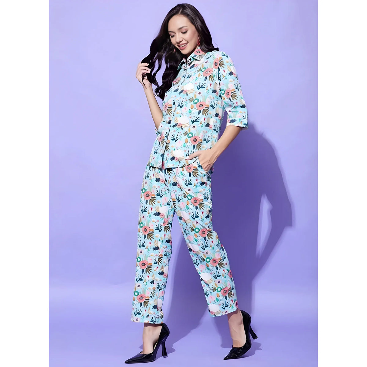 Women's Polyester Floral 3 4th Sleeve Co Ord Set (multicolor) | Women Signature Collection