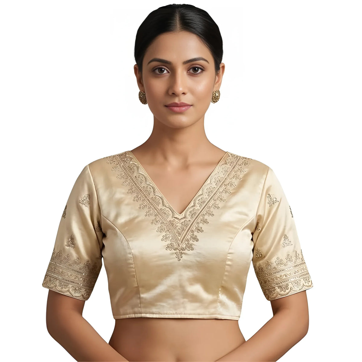 Ivory Women's Satin Embroidered Half sleeve V-Neck Padded Readymade Blouse