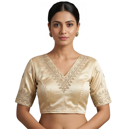 Ivory Women's Satin Embroidered Half sleeve V-Neck Padded Readymade Blouse