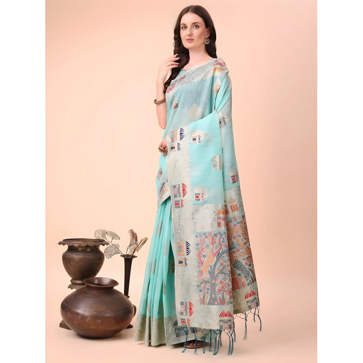 Women's Linen Cotton Printed Saree With Unstitched Blouse 5.5mtr (sky Blue) | Women Signature Collection